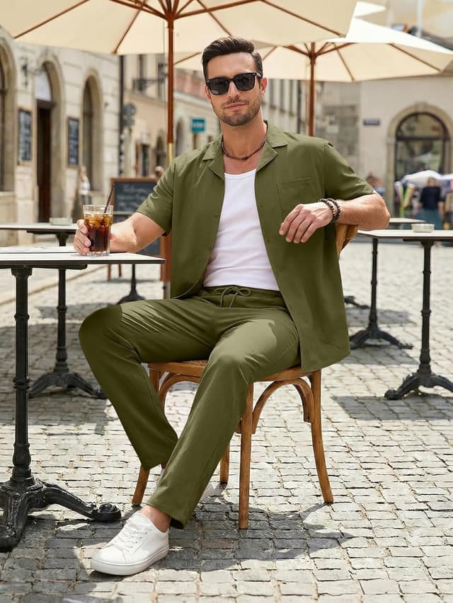 Detalle de JMIERR Men Texture 2-Piece Outfit: Short Sleeve Cuban-Collar Button-Down & Drawstring Beach Pants Set