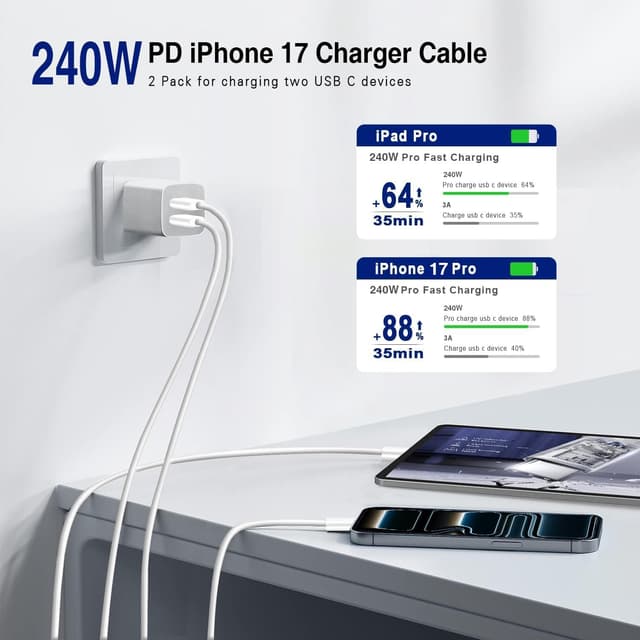Detalle de 240W Long USB-C to USB-C Fast Charger Cable (10ft) for MacBook, iPad, iPhone, and Galaxy