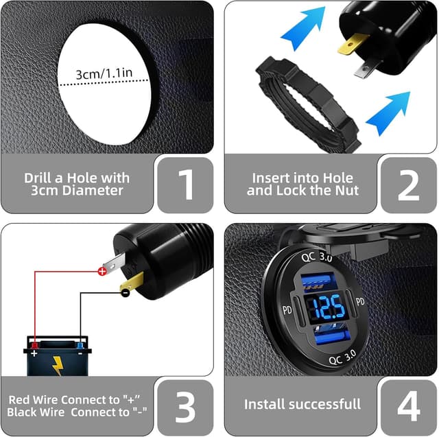 Detalle 1 de Upgraded 12V USB Charger (4 Ports) with LED Voltmeter — Aluminum Alloy Car Outlet