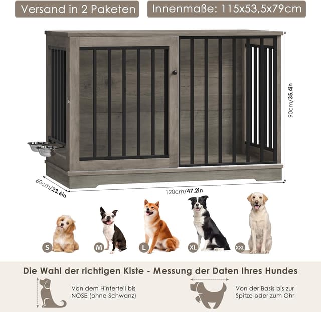 Detalle de FirFurd Hundekäfig Möbel 120 cm breit – Hundebox aus Metall und Holz, inkl. Schiebetüren (120 x 90 x 60 cm)