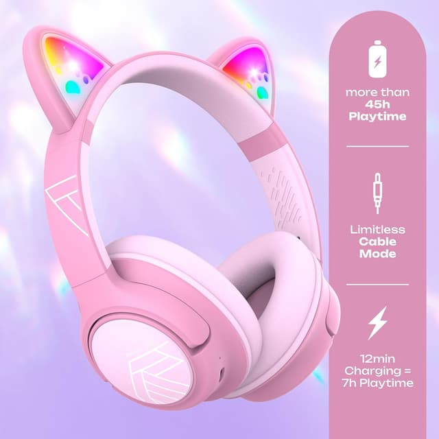 Detalle de PowerLocus Bluetooth Kinderkopfhörer Over Ear mit Lautstärkebegrenzung (74/85/94 dB), LED & Mikrofon, faltbar (Lila/Rosa)