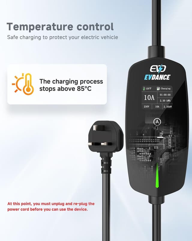 Detalle de EVDANCE Type 2 to 3 Pin EV charger cable (6m, 6–10A adjustable) with timer delay, IP66