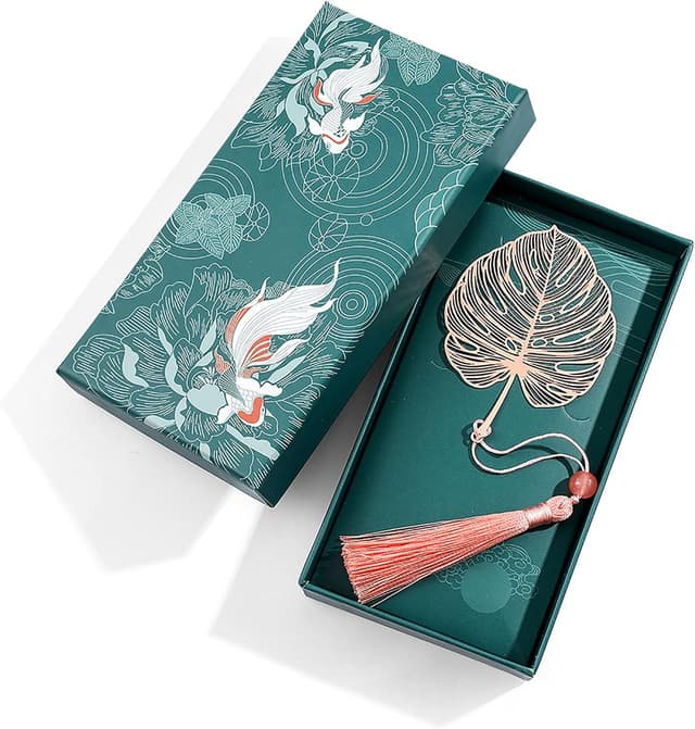 Detalle de YBhuoo Elegant Metal Bookmark with Tassel & Gift Box (Rose Gold Monstera)