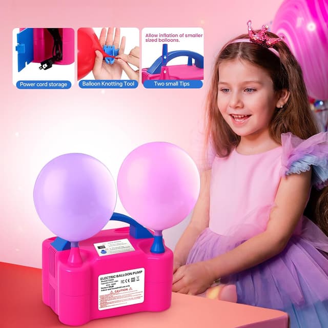 Detalle 2 de HXHWISE Electric Balloon Pump (220V 600W) with Double Nozzle for Party Decorations – Rose Red