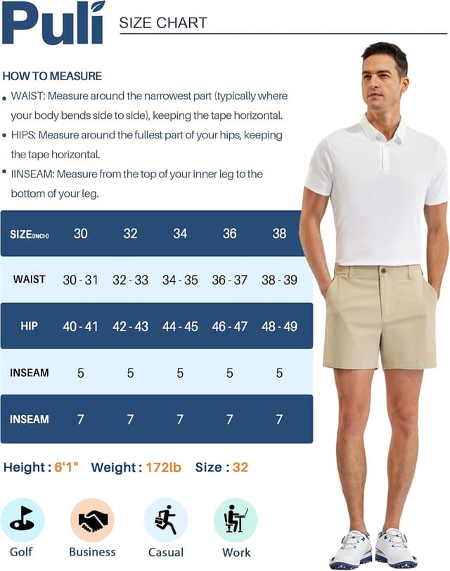 Detalle de PULI Golf Shorts for Men, Relaxed Fit Stretch, 5-Inch Inseam (Waterproof, Quick-Dry)