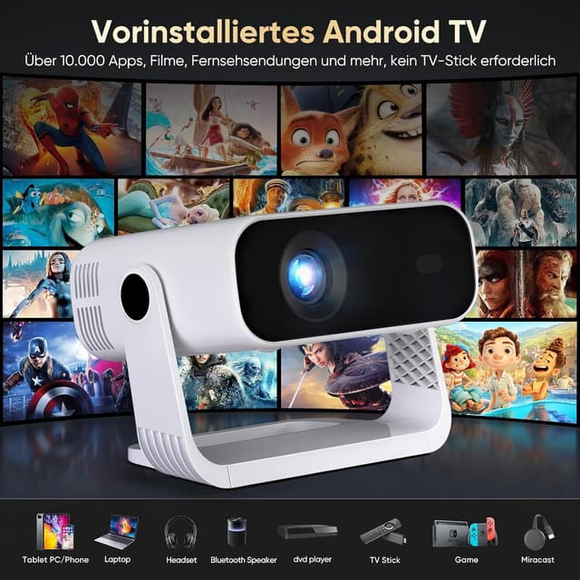 Detalle 2 de 2026 Smart Mini Beamer mit Android 14, Full HD 1080P, WiFi 6 & BT 5.2 – 4K-Decodierung und automatische Trapezkorrektur
