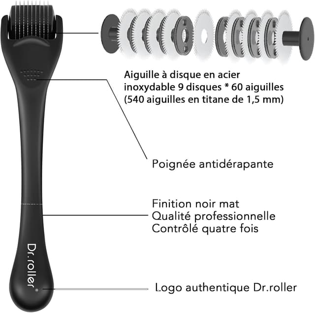 Detalle 2 de Dr.roller Derma Roller 1,5 mm (Bartroller) mit 540 Titan-Mikronadeln für Bartwuchs, Kopfhaut & Narben