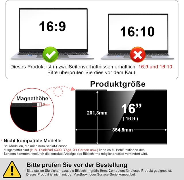 Detalle de STARY magnetische Blickschutzfolie für Laptop 16 Zoll (16:9) – Anti-Spy & Blaulicht-/Blendfilter