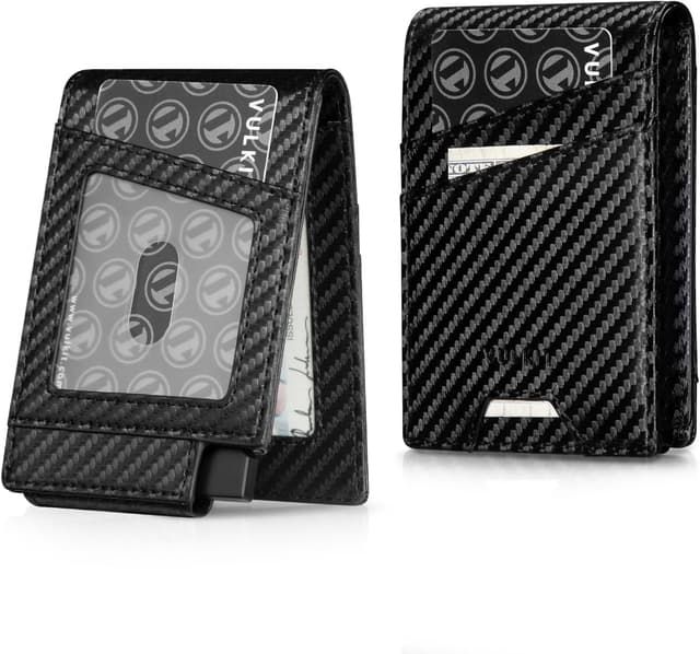 Detalle de VULKIT Pop Up Credit Card Holder Wallet for Men (RFID Blocking) – Carbon Black, Double Window Slots, Up to 12 Cards