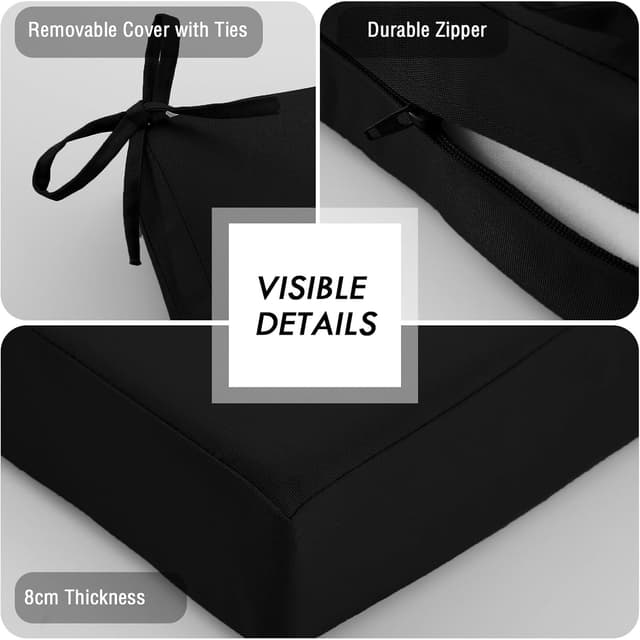 Detalle de PRIMEPATIO Outdoor Bench Cushion (8cm memory foam) with waterproof cover and ties, black