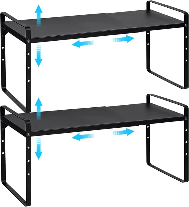 Detalle de 15.5–25.5 Inch Expandable Kitchen Cabinet Organizer Shelf (2-Pack) — Adjustable, Stackable Counter Storage Racks