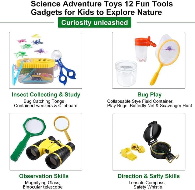 Detalle de Kizplays® Forscherset für Kinder (22-teilig) mit Fernglas 4x30, Insektenfang-Set, Kompass und Lupe – Entdecker-Set für draußen