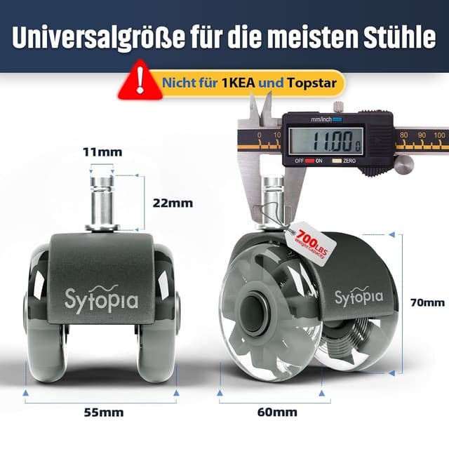 Detalle de Sytopia Bürostuhl Rollen 70 mm, 5er-Set (Stift 11×22 mm) für Hartböden, Parkett & Teppich – leise, weich und bodenschonend, schwarz