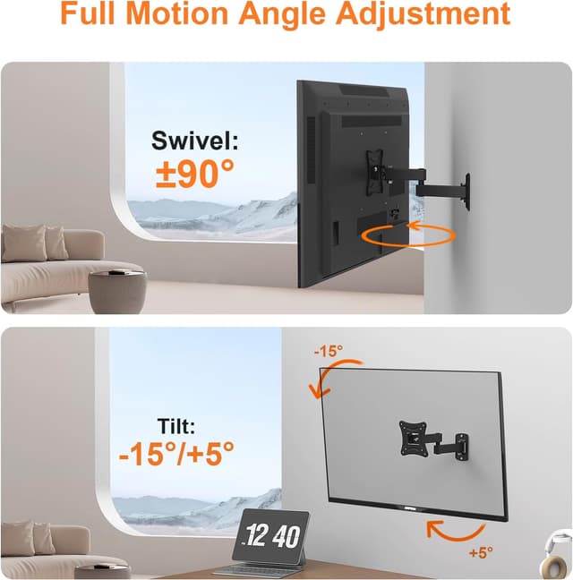 Detalle de GRIFEMA GB1009-1 TV Wall Bracket for 10–27 inch TVs (VESA 75x75 to 100x100), up to 15kg, tilt & swivel, black