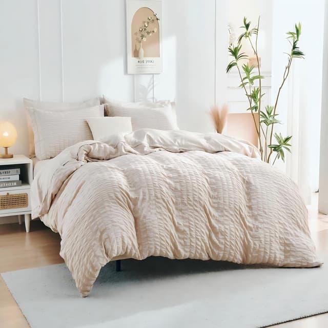 Detalle de HYMOKEGE Beige Queen Duvet Cover Set (3-Piece) — Seersucker Microfiber with Zipper & 8 Corner Ties