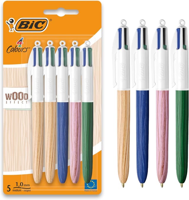 Detalle de Set BIC 4 Colori Wood Effect: 5 penne a sfera multicolore con fusti effetto legno