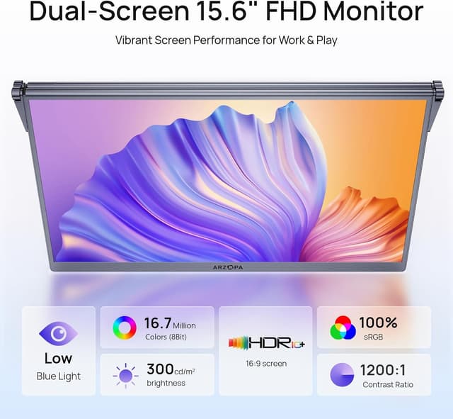 Detalle 2 de ARZOPA 15.6" Dual Portable Monitor (FHD 1080P) – USB-C & HDMI, foldable stackable screens in grey