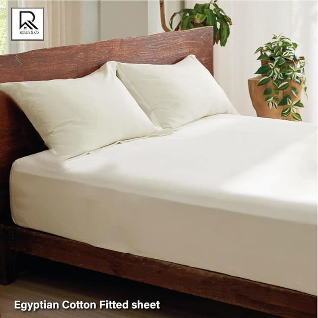 Detalle de Rehan & Co 100% Egyptian Cotton King Fitted Sheet (Cream) – 300 Thread Count, 12in / 30cm Deep
