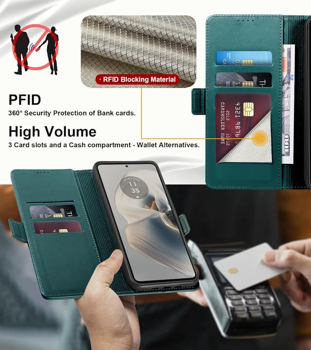Detalle de Yunubeyii Handyhülle für Motorola Moto Edge 50 Pro – RFID-Blocker Klapphülle mit Kartenfächern, Magnetverschluss & Ständer (Grün)