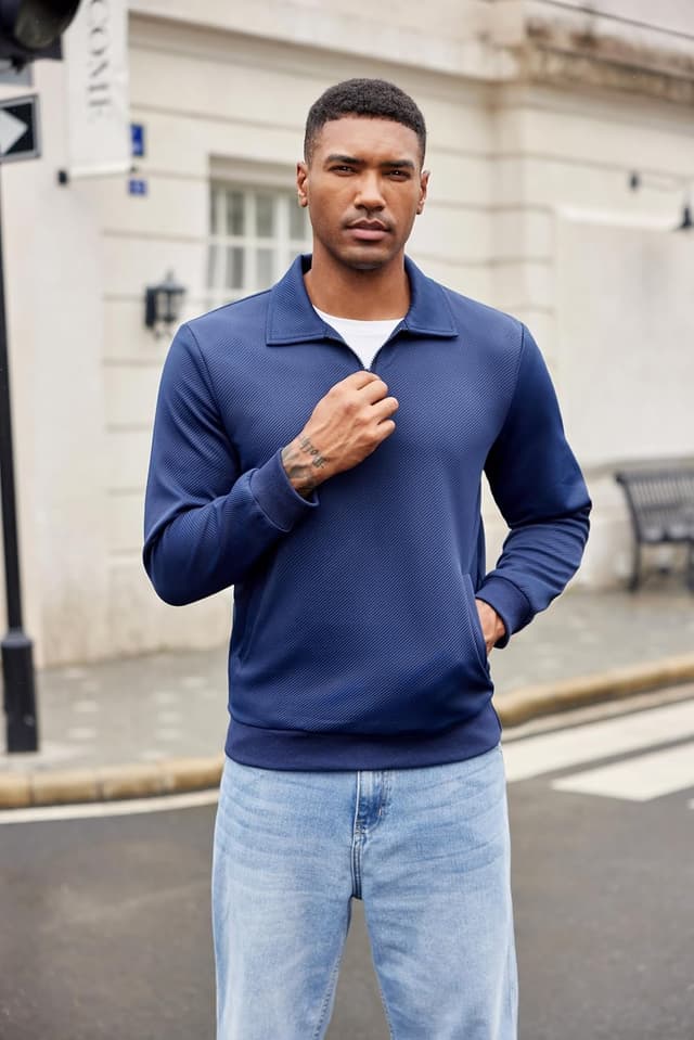 Detalle de COOFANDY Polo homme manches longues en tricot avec fermeture éclair