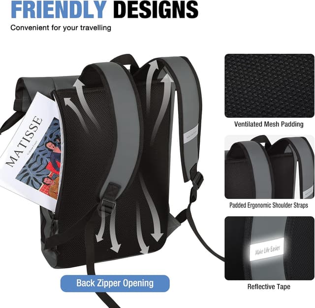 Detalle 2 de Lekeinchi rolltop backpack for men and women with 17-inch laptop compartment (Grey)