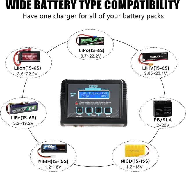 Detalle 2 de HTRC C150 LiPo Ladegerät (150W, 10A) mit Balancer für LiPo/LiHV, NiMH/NiCd & PB, LCD, 20 Speicherplätze