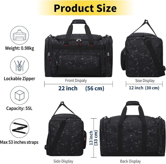 Detalle 2 de ZZY 55L Gym Duffle Bag (22 inch) – Marble Black sports holdall with multiple pockets