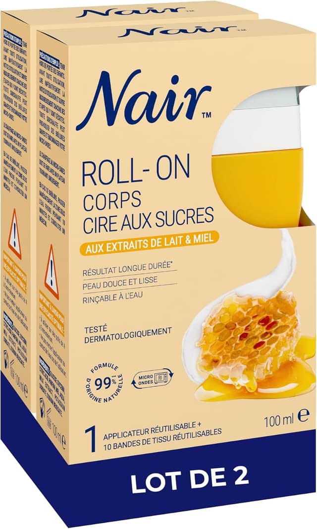 Detalle de Nair Roll-On Cire au Sucre au Lait & Miel – lot de 2 flacons de 100 ml + 2 x 10 bandes réutilisables