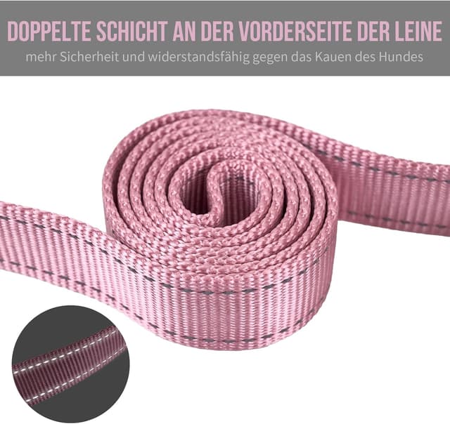 Detalle de OneTigris Hundeleine mit 2 Griffen und reflektierenden Streifen, 182 cm, Rosa