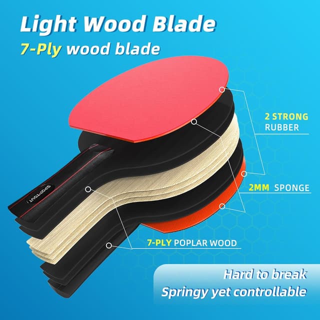 Detalle de Tischtennisschläger Set (4 Schläger) mit 3-Sterne-Bällen und Tasche – Hochleistungs-Tischtennis-Set