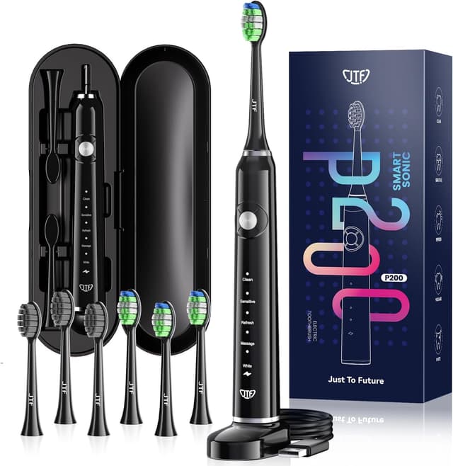 Detalle de JTF elektrische Schallzahnbürste mit 6 Bürstenköpfen, 40.000 VPM, 5 Modi und Reiseetui (Schwarz)