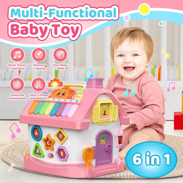 Detalle de Montessori 6-in-1 Multifunktionshaus Baby-Spielzeug (Musik, Uhr, Licht, Telefon, Auto) für Mädchen 1–2 Jahre