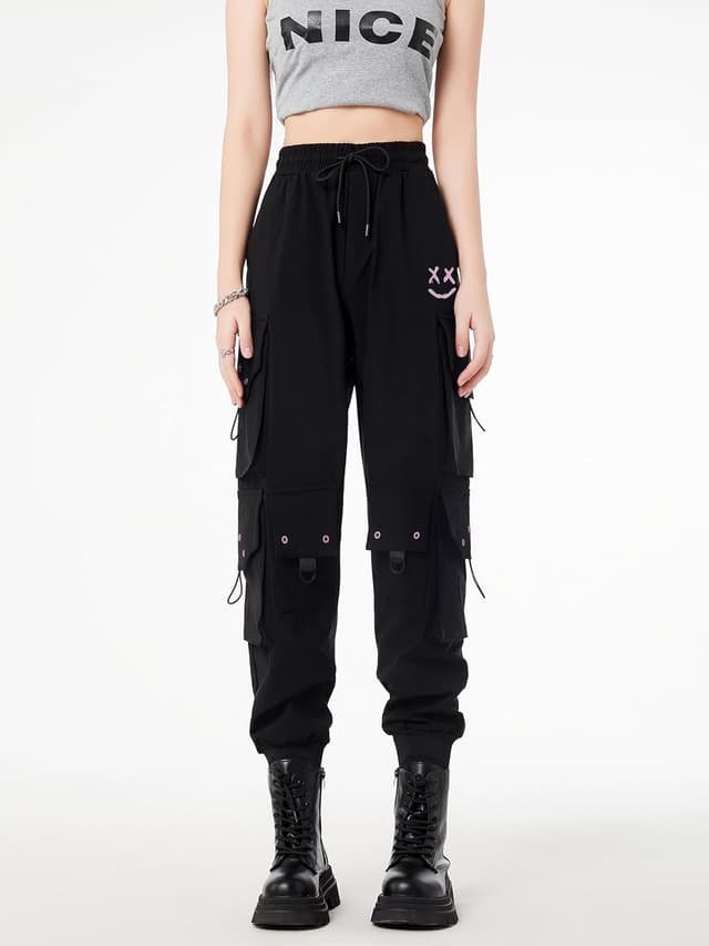Detalle de CLOAKA Damen-Cargohose „High Waist“ im Techwear/Y2K-Gothic-Look mit Stretch & Kordelzug