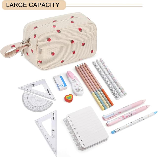 Detalle de LOIDOU Federmäppchen für Mädchen (groß) mit Erdbeer-Muster – Schreibwarenbeutel für Schule, Studium & Büro