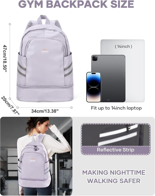 Detalle de SZLX Sportrucksack für Frauen mit Schuhfach & Nassetasche – faltbarer Reise- und Sport-Laptop-Rucksack in Lila