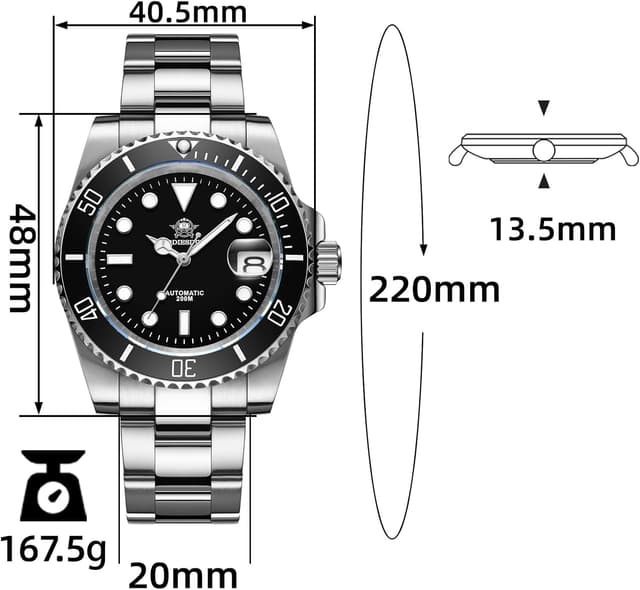Detalle de ADDIESDIVE AD2503 Herren-Automatikuhr mit Saphirglas, 200 m Wasserdichtigkeit und Saphirglas