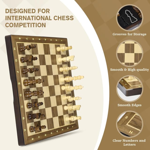 Detalle 2 de Peradix 2 in 1 Chess Set & Draughts Board (15" magnetic foldable walnut style) with extra queen pieces