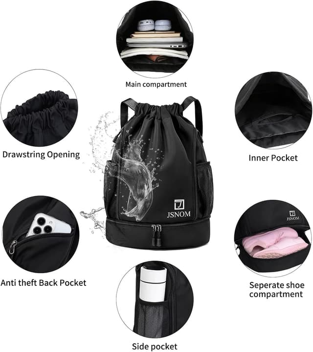 Detalle de JSNOM Zaino Mare con coulisse impermeabile Zaino Sportivo per palestra, spiaggia e viaggio (Nero)