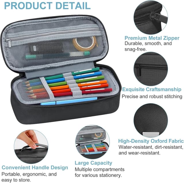 Detalle de Betarami Black Pencil Case with Handle – large portable stationery pouch for home, school & office