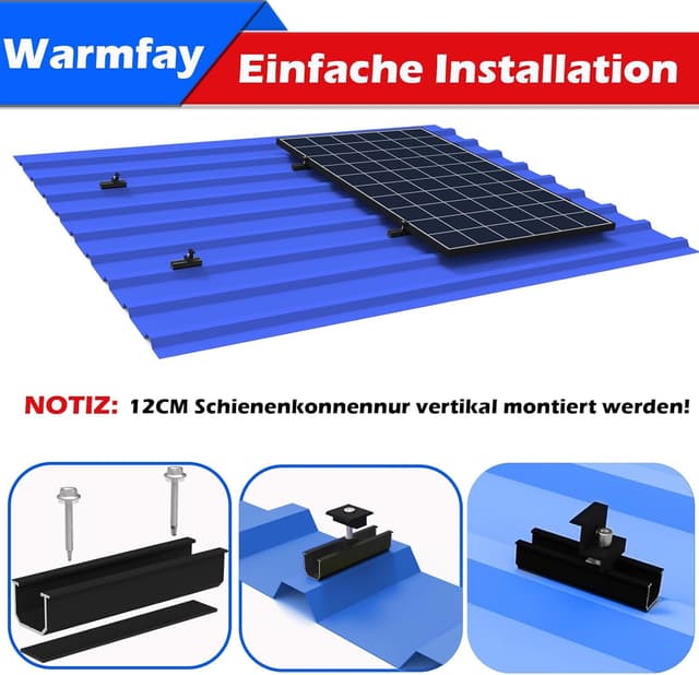 Detalle 2 de Warmfay Solarmodul Halterung Montageset – schwarze 12 cm Aluprofile und verstellbare Klemmen für 1 Modul (30–35 mm) am Flachdach