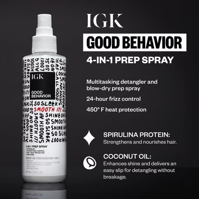 Detalle de IGK Good Behavior 4-in-1 Prep Spray (Full + Travel) — detangles, fights frizz, heat protection & shine