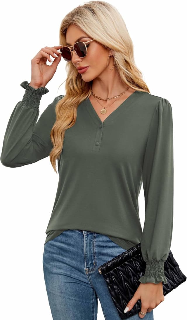 Detalle 2 de Neineiwu Langarmshirt Damen mit V-Ausschnitt und Knopfleiste – elegante Bluse lässig kombinierbar