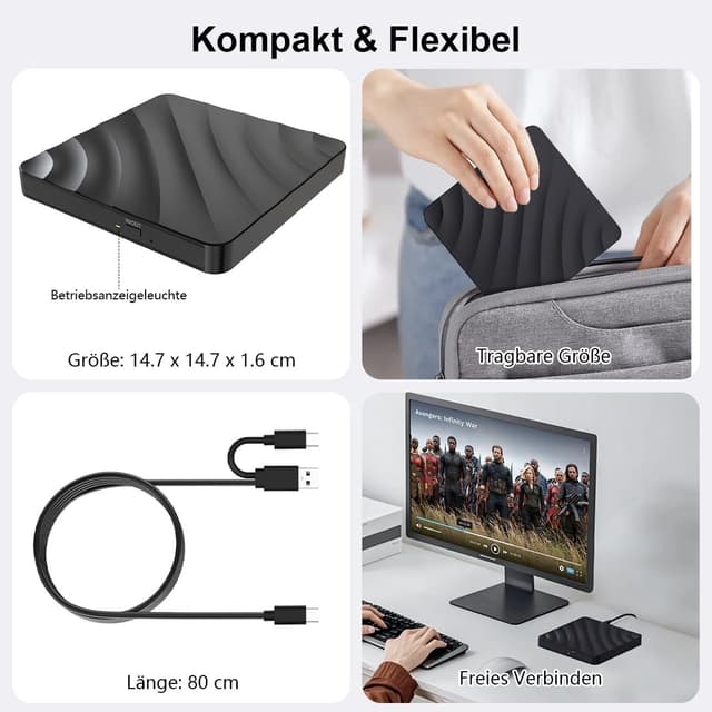 Detalle de QDSYLQ externes USB-DVD/CD-Laufwerk mit USB 3.0 (DVD Brenner, CD-/DVD-Player) für Laptop & PC