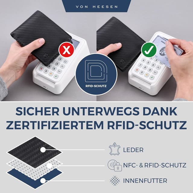 Detalle 1 de VON HEESEN Geldbörse Herren RFID Schutz Carbon Schwarz Wallet