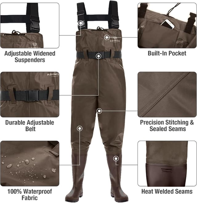 Detalle de FISHINGSIR Fishing Waders for Men — 2-Ply Nylon/PVC Waterproof Bootfoot Chest Wader