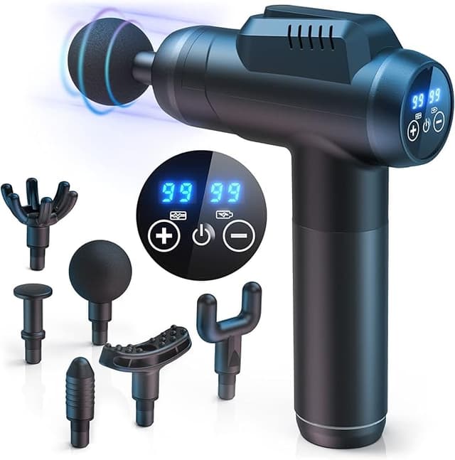 Detalle de Pistola de Masaje Muscular 99 Niveles, Cabezales y Pantalla LCD 😊