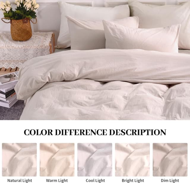 Detalle de NEXHOME PRO Queen Linen-Look Washed Cotton Duvet Cover Set (Greyish Light Pink) with Zipper Closure