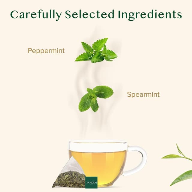 Detalle de VAHDAM Pure Mint Kräutertee Beutel (100 Teebeutel) koffeinfrei – Pfefferminze & Krauseminze