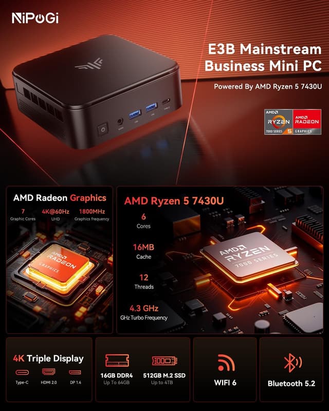 Detalle 2 de NiPoGi E3B Mini PC Ryzen 5 7430U 16GB/512GB