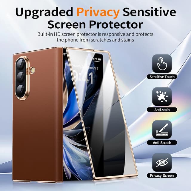 Detalle de YOOVEI Magnetic Leather Case for Samsung Galaxy Z Fold 7 with Privacy Screen Protector & Hinge Protection (Brown)